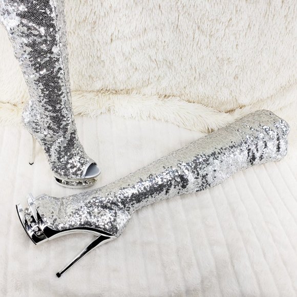 Silver Sequin Open Toe Thigh High Heel Boots - Picture 6 of 15